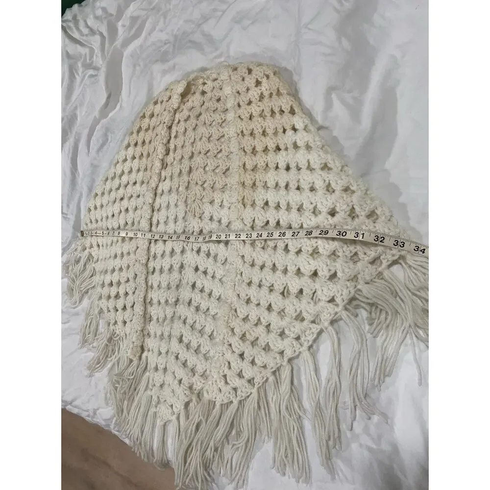 Vintage 70s Fringed Handmade Crocheted White & Cream Blanket Shawl Wrap